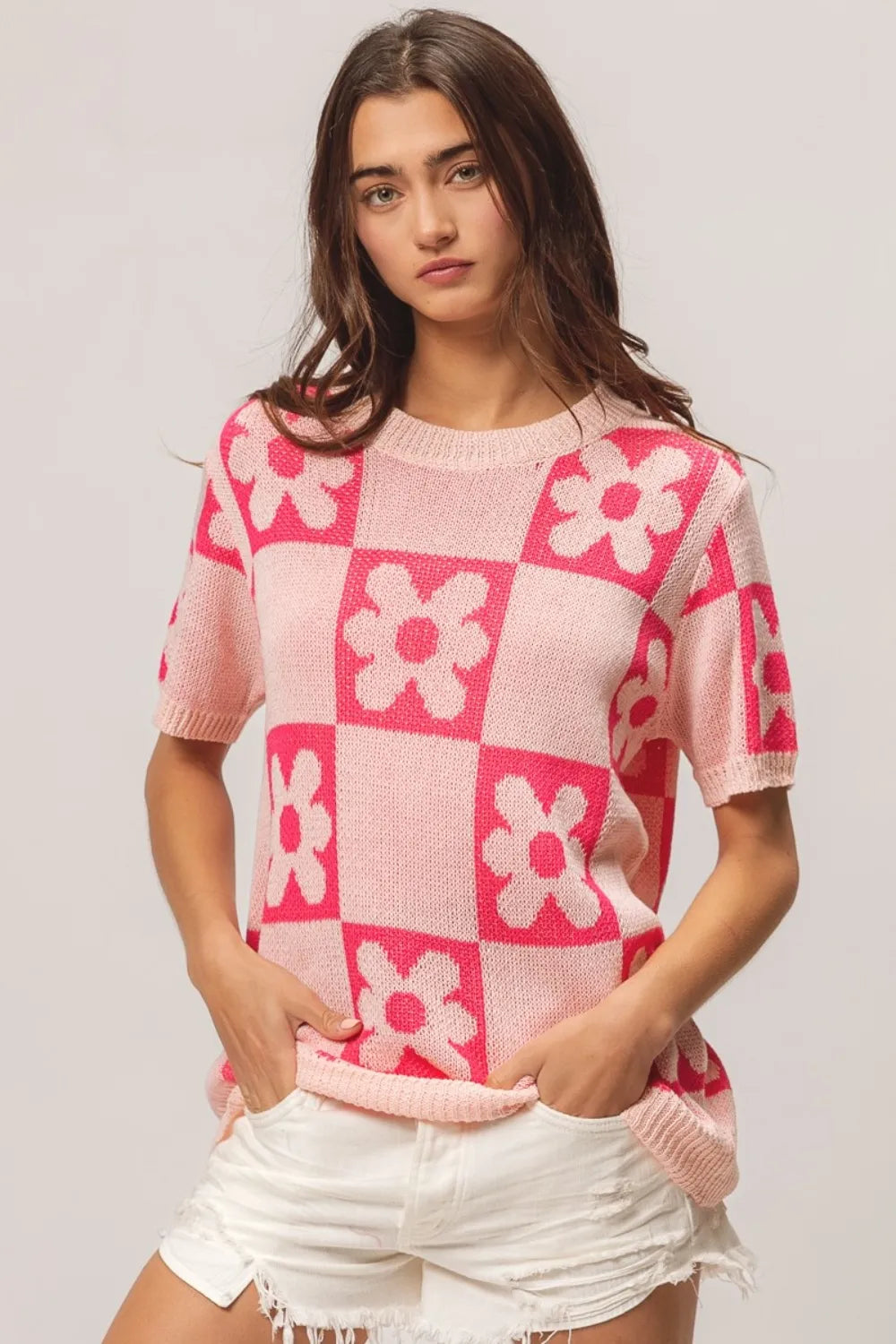 John Leon, Flower Checker Short Sleeve Sweater