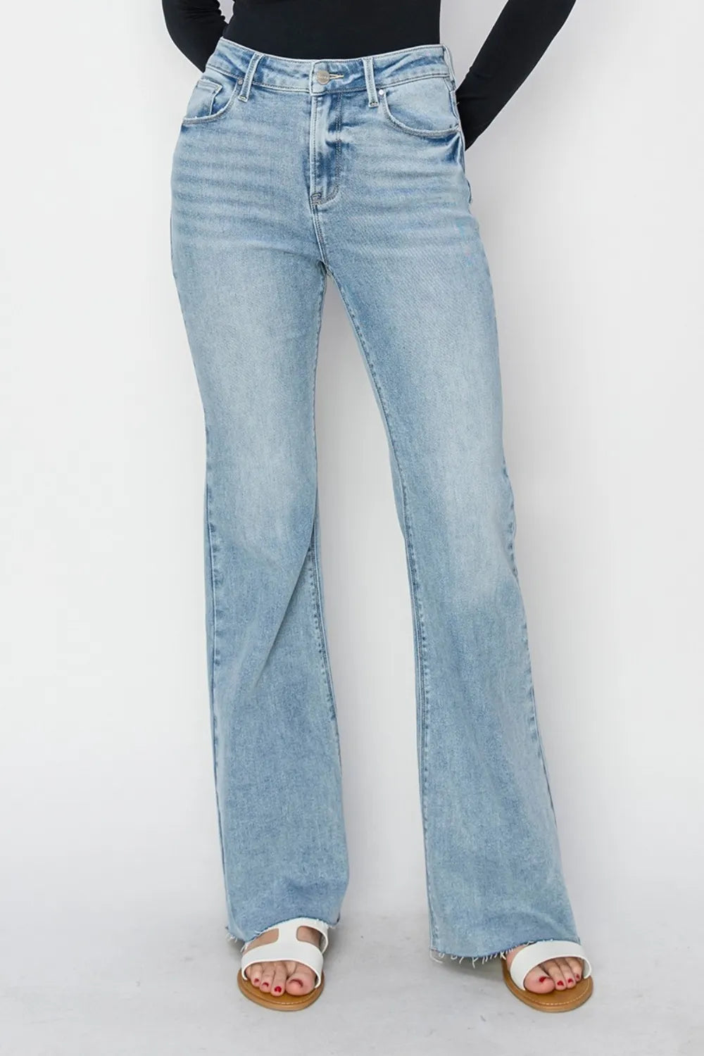 John Leon, High Rise Raw Cut Hem Bootcut Jeans
