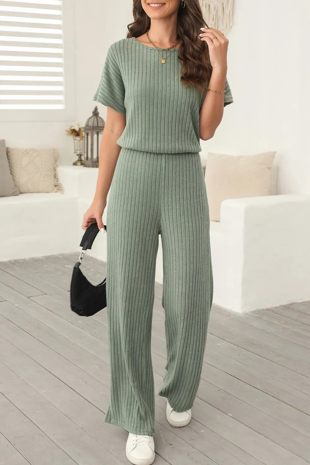 John Leon, Ribbed Short Sleeve Wide Leg Jumpsuit