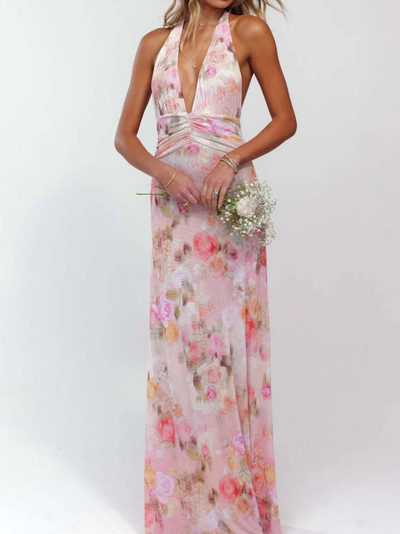 John Leon, Floral Halter V Neck Maxi Dress