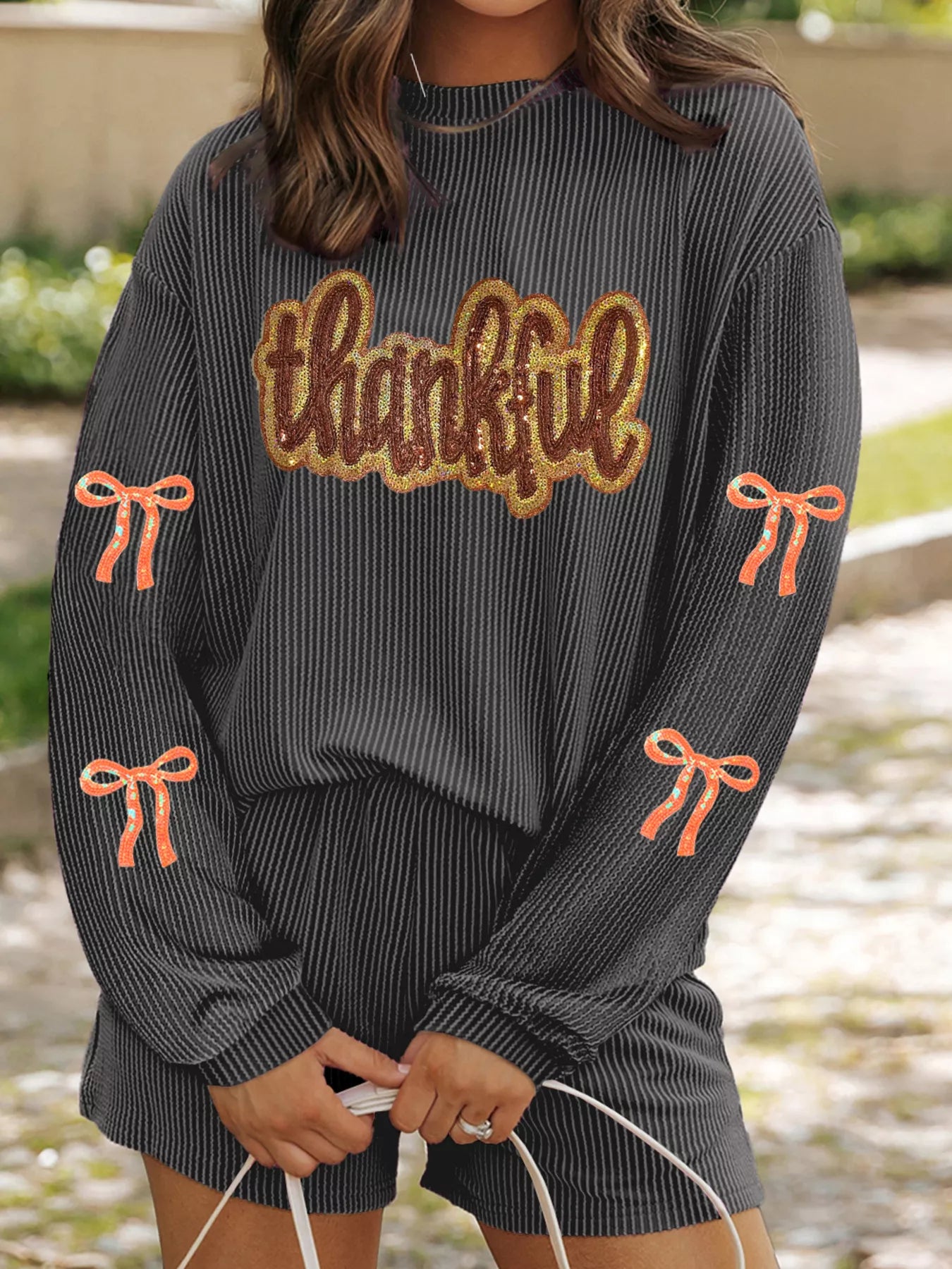 John Leon, Thankful Bow Sleeve Twisted Ribbed Top and Short Set