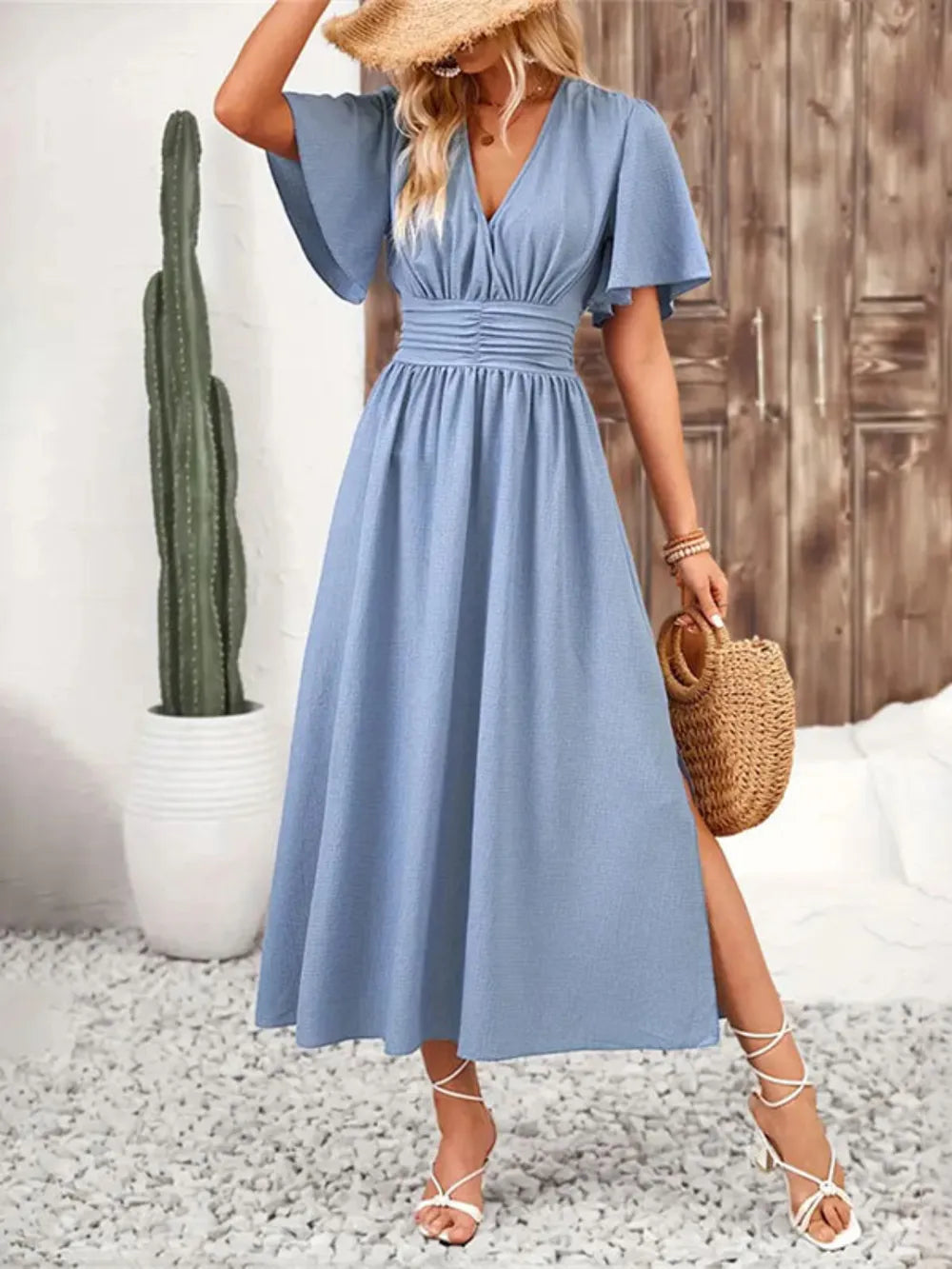 John Leon, Side Slit Flutter Sleeve Midi Dress