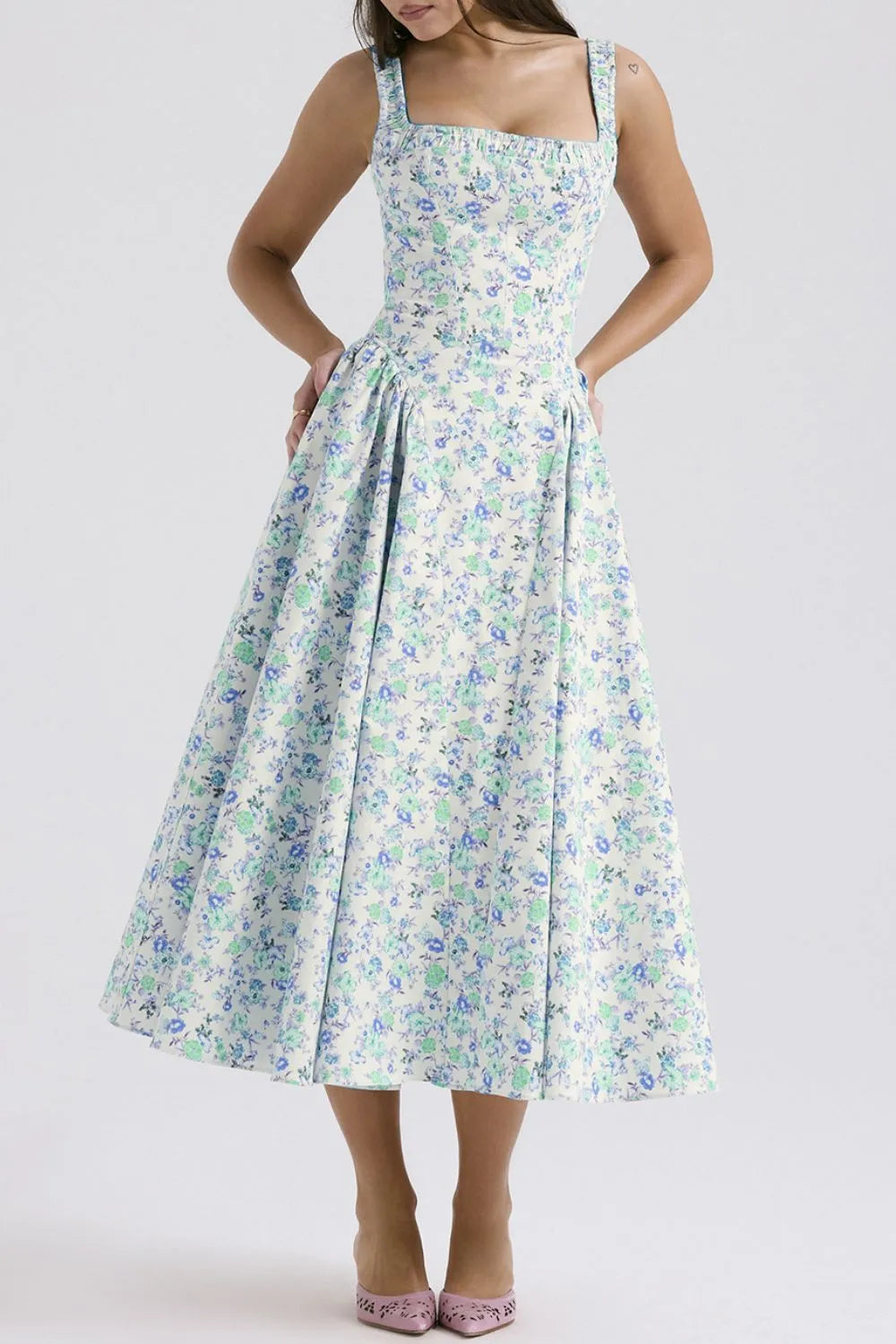 John Leon, Floral Square Neck Midi Dress