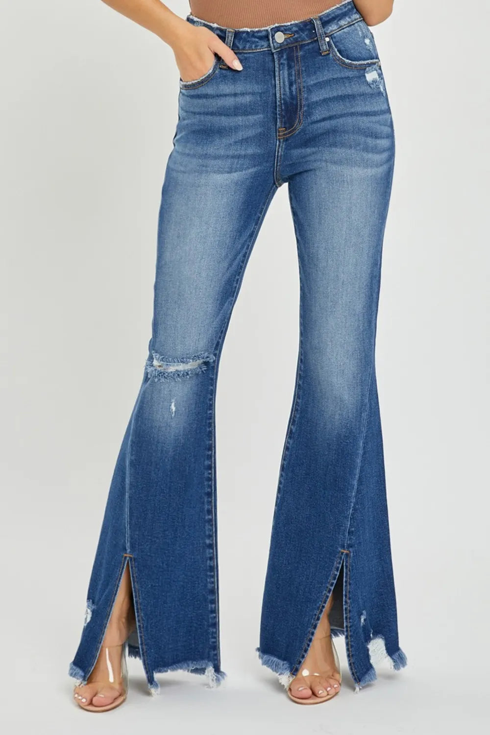 John Leon, High Rise Front Slit Frayed Hem Flare Jeans