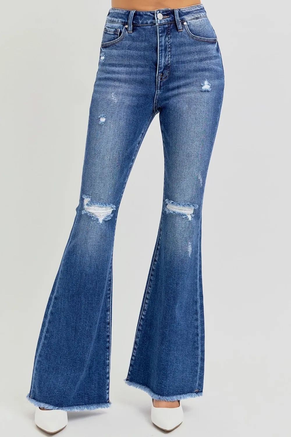 John Leon, High Rise Distressed Raw Hem Flare Jeans