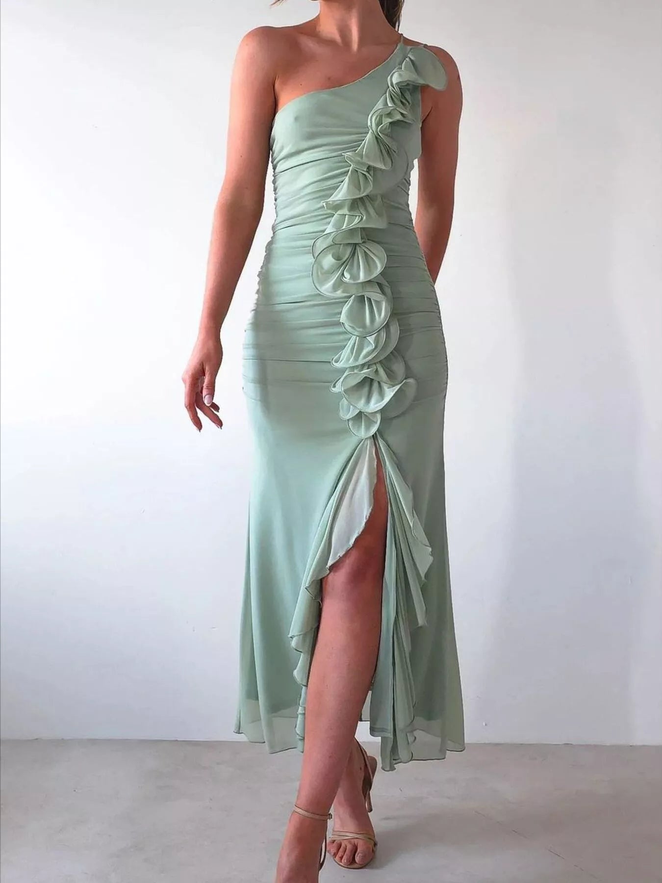 John Leon, One-Shoulder Ruffle Slit Dress