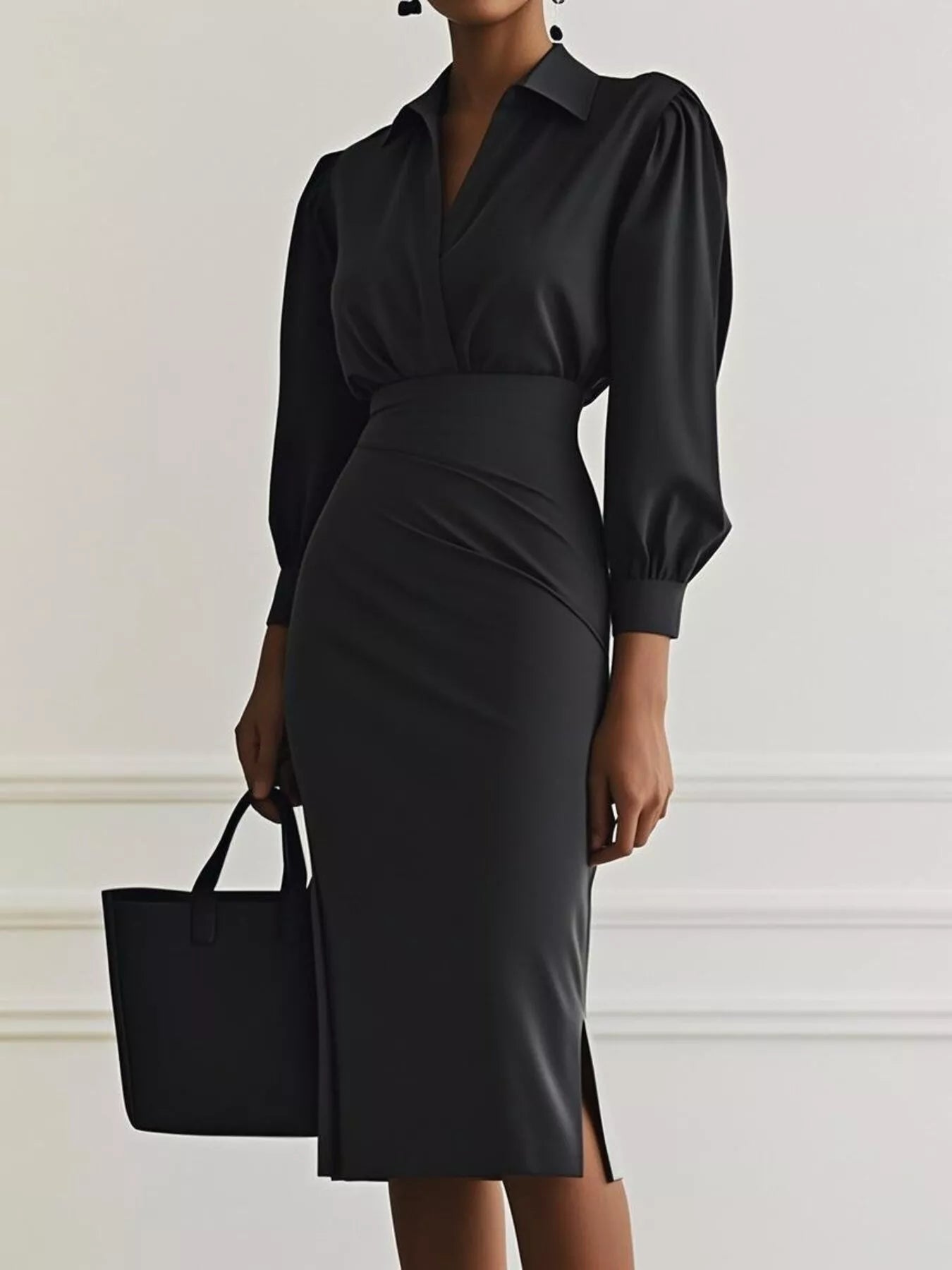 John Leon, Ruched Midi Shirt Dress with Side Slit