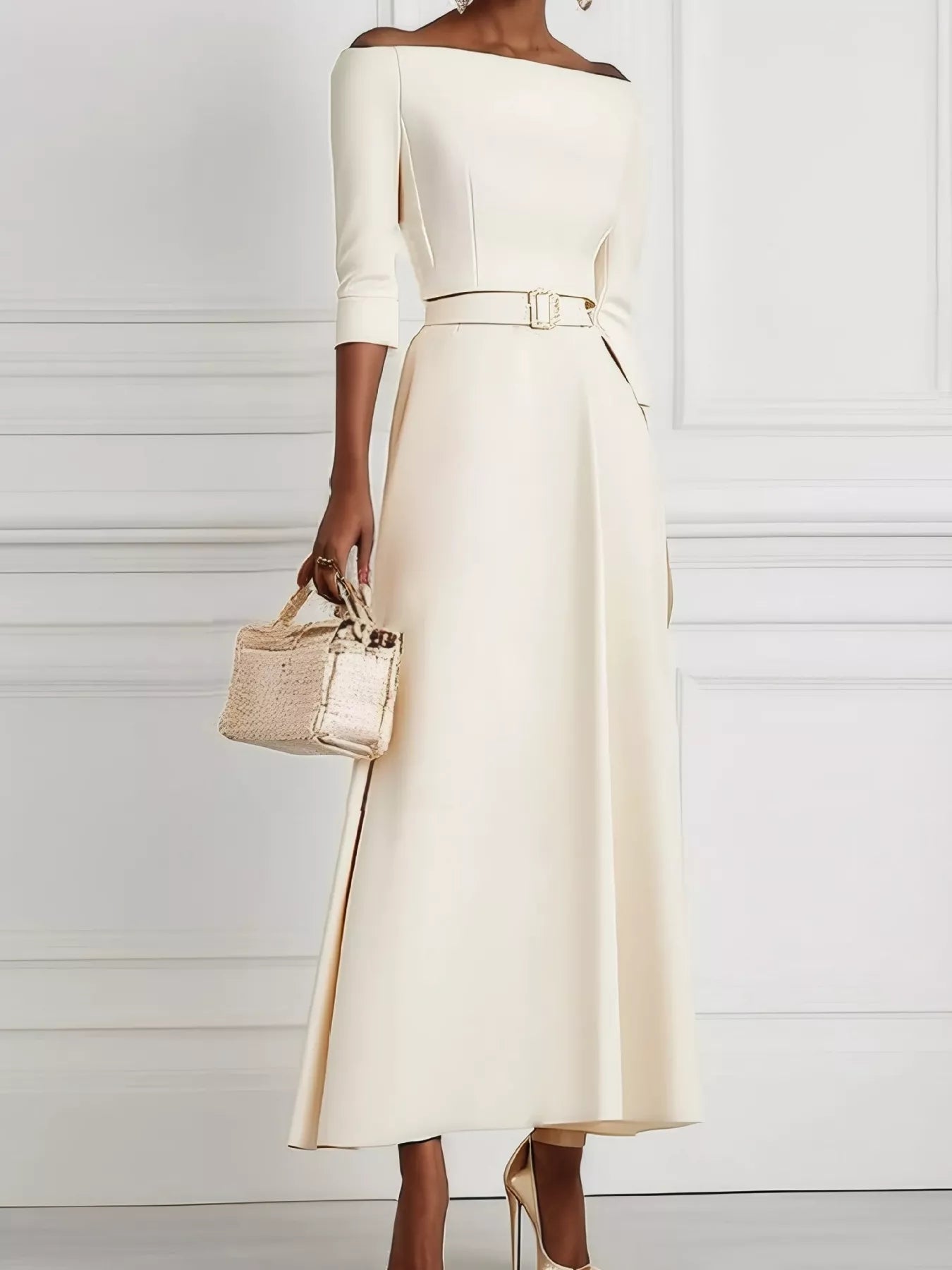 John Leon, Elegant Off-Shoulder Belted Maxi Dress