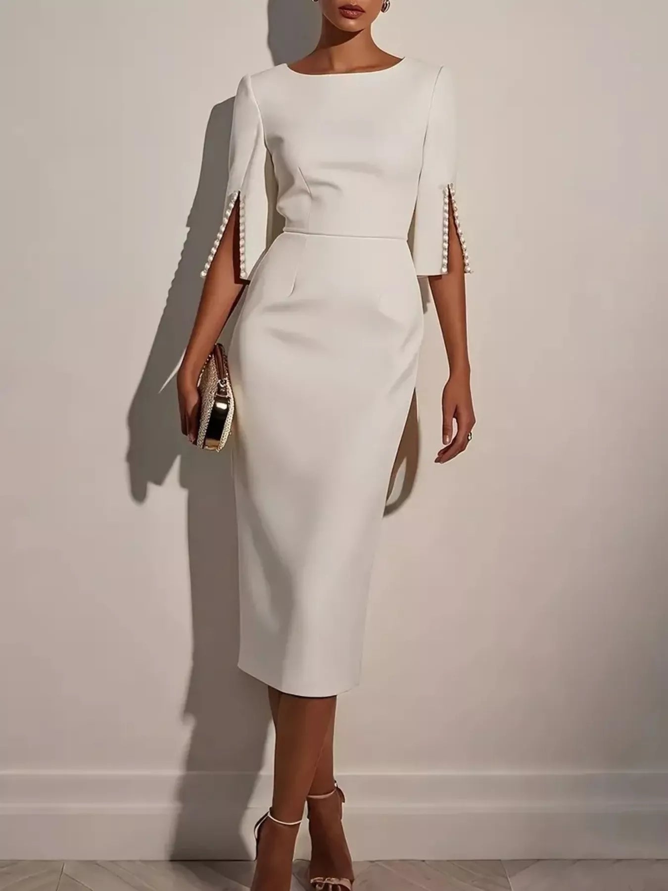 John Leon, Slim-Fit Elegant Midi Dress with Beaded Slit Sleeve