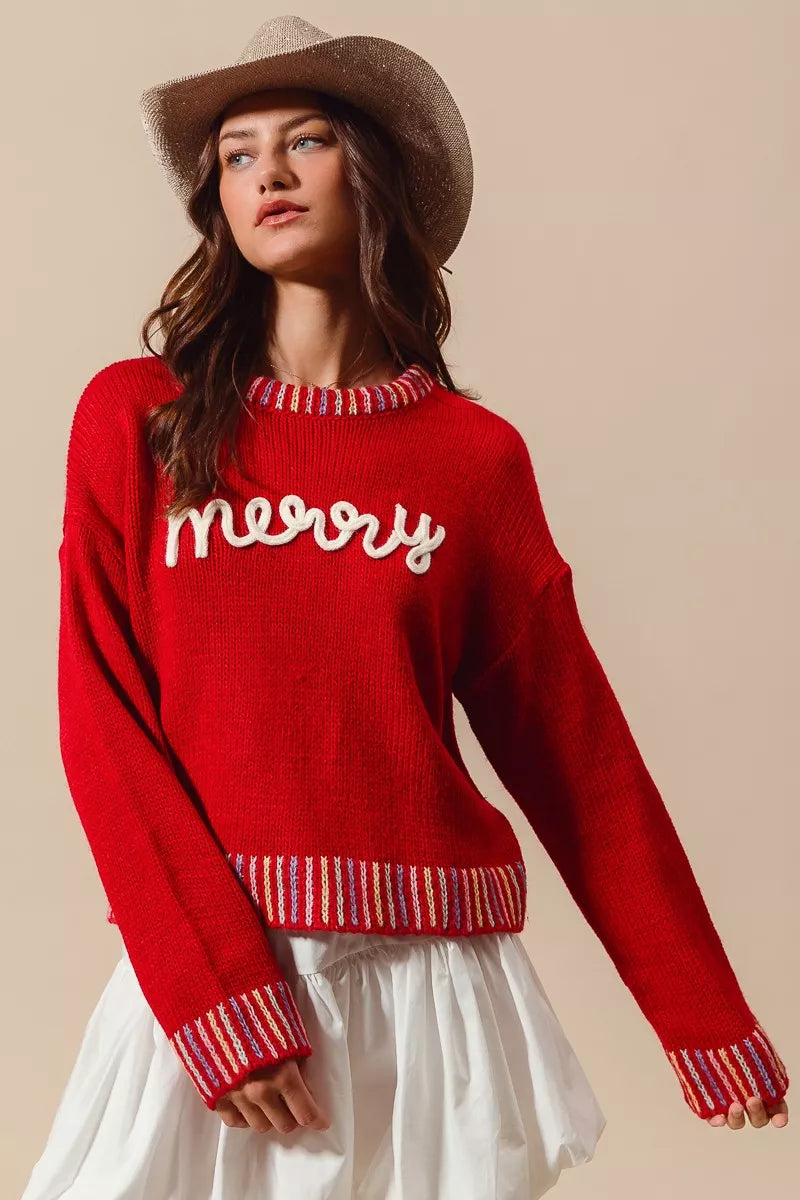 John Leon, Merry Lettering Embroidered Christmas Sweater