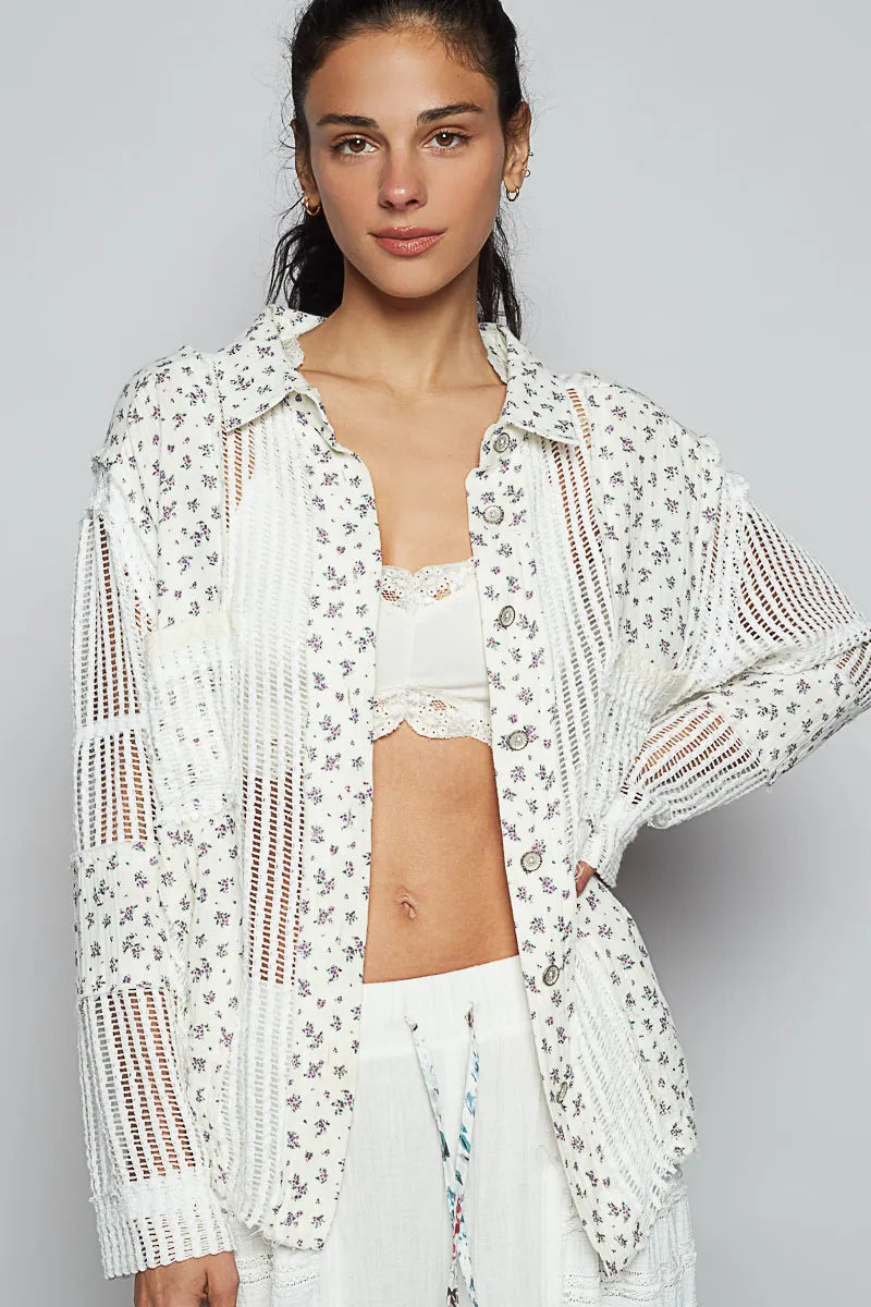 John Leon, Floral Crochet Patchwork Long Sleeve Shirt