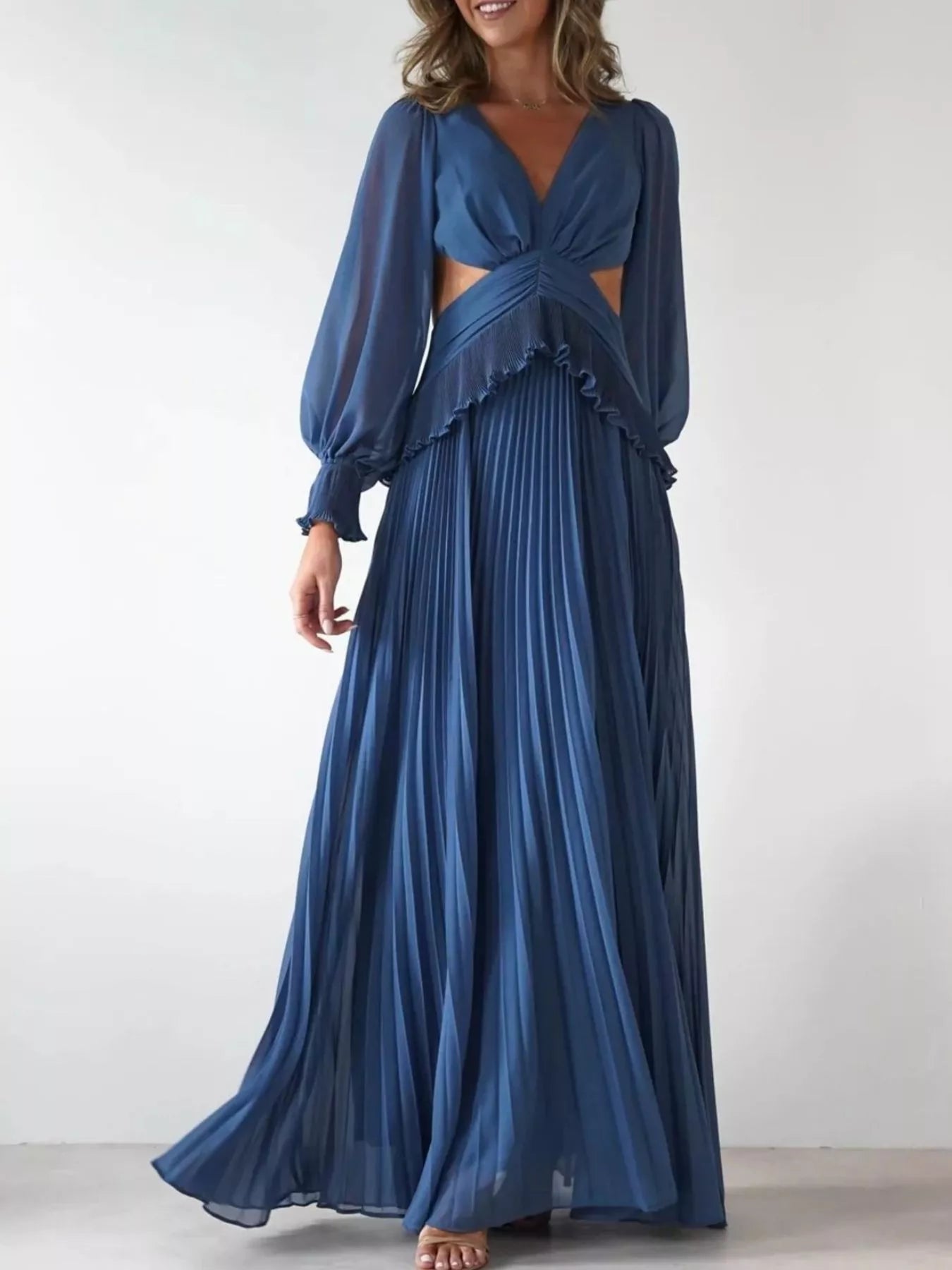 John Leon, Backless Pleated Long Sleeve Maxi Dress