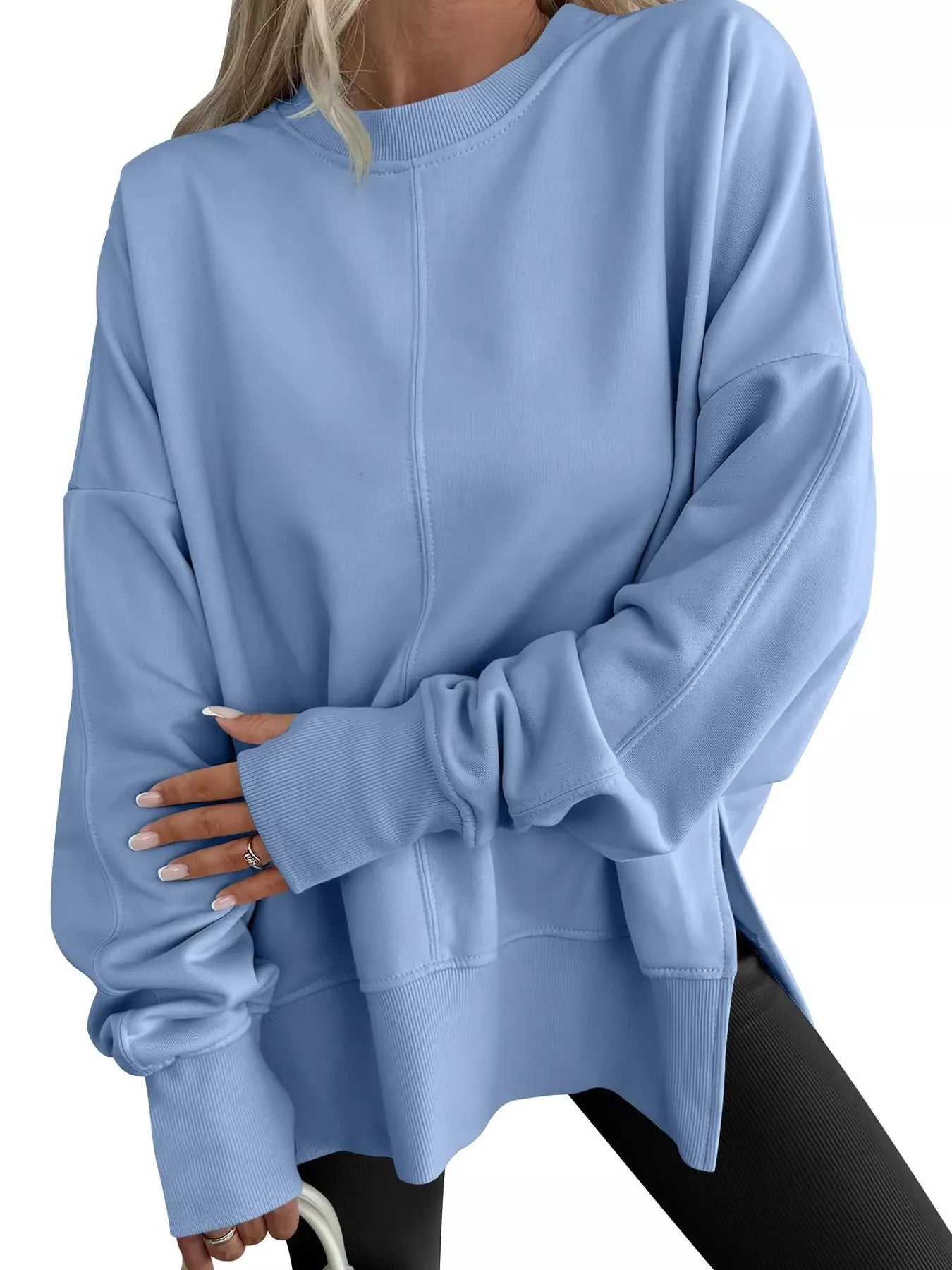 John Leon, Side Slit Round Neck Long Sleeve Sweatshirt