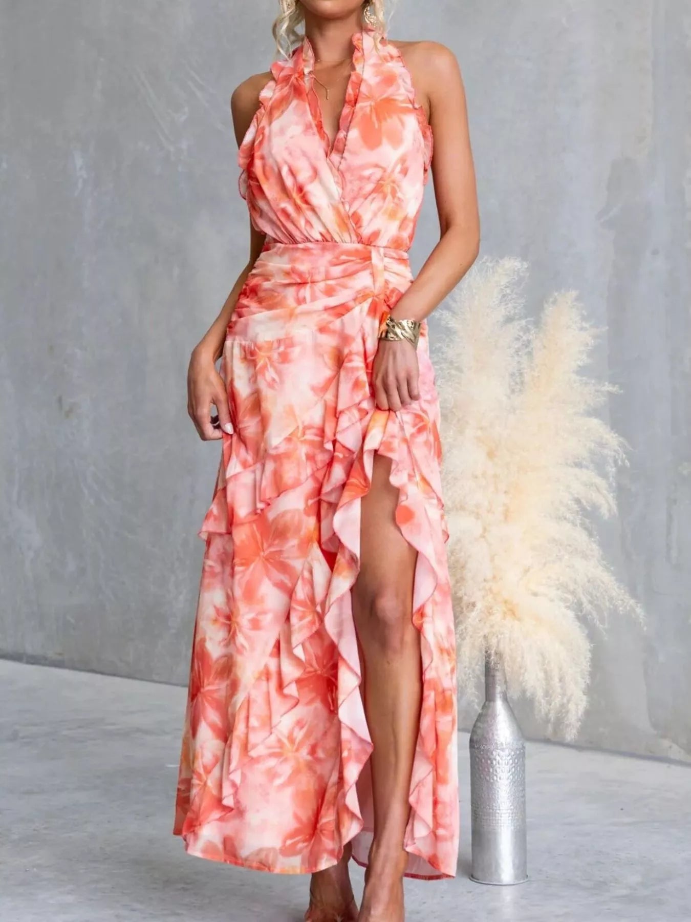 John Leon, Floral Ruffle Halter Neck Maxi Dress
