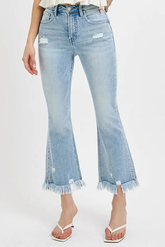 John Leon, Raw Hem Distressed Cropped Flare Jeans Plus Size