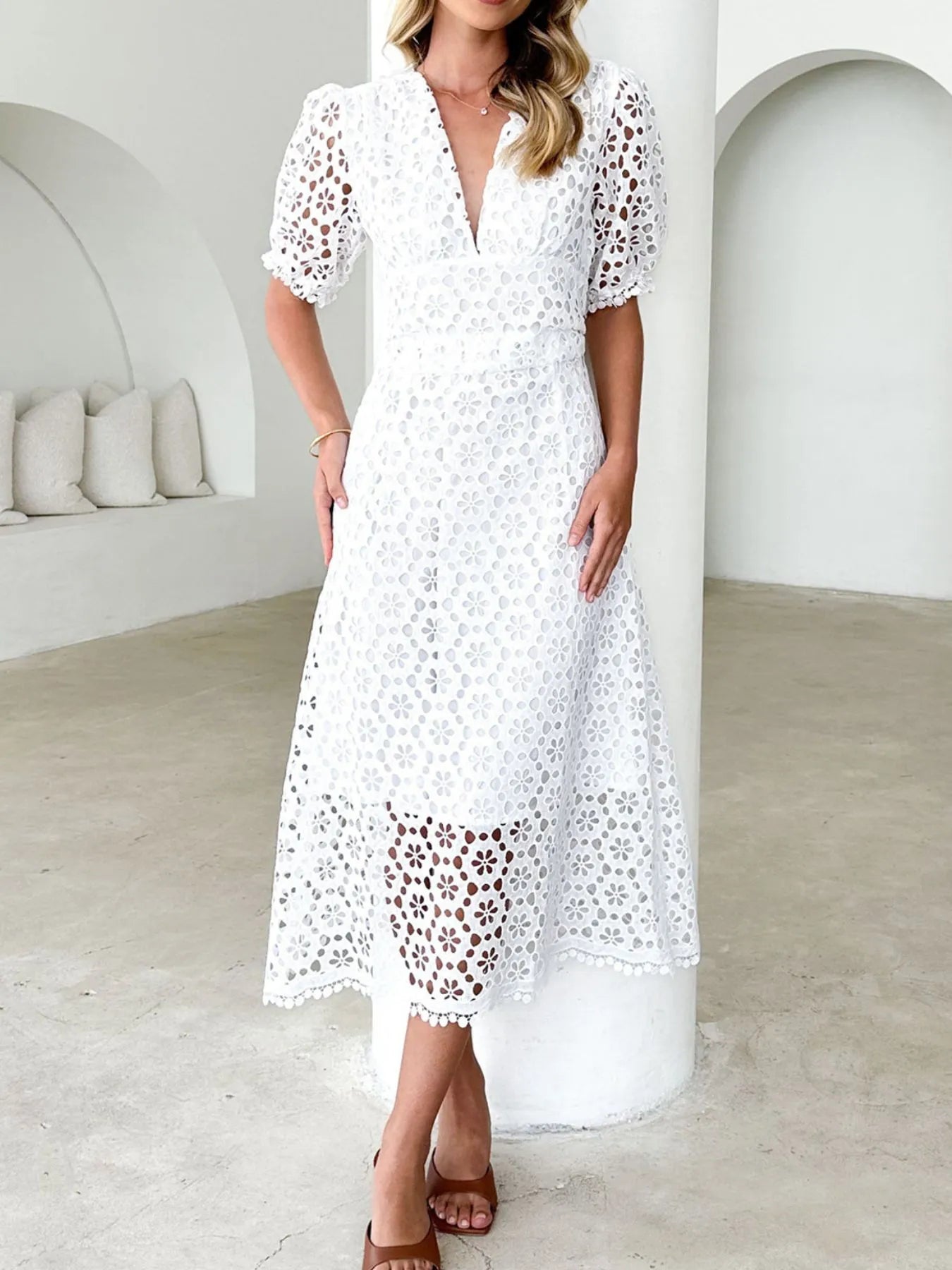 John Leon, Eyelet Lace Dress with Puff Sleeves