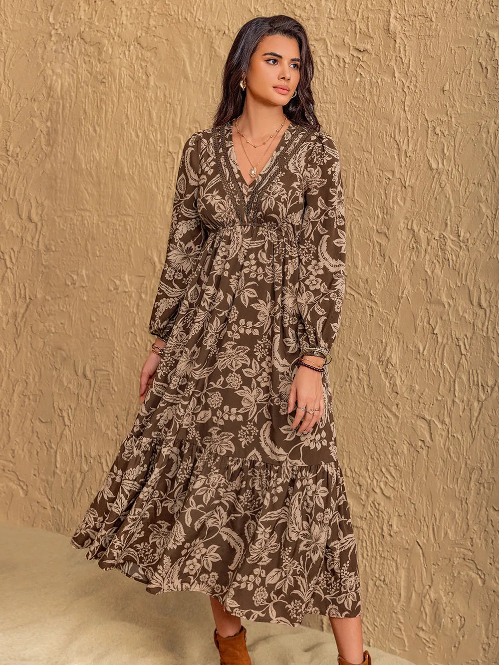 John Leon, V-Neck Long Sleeve Midi Dress