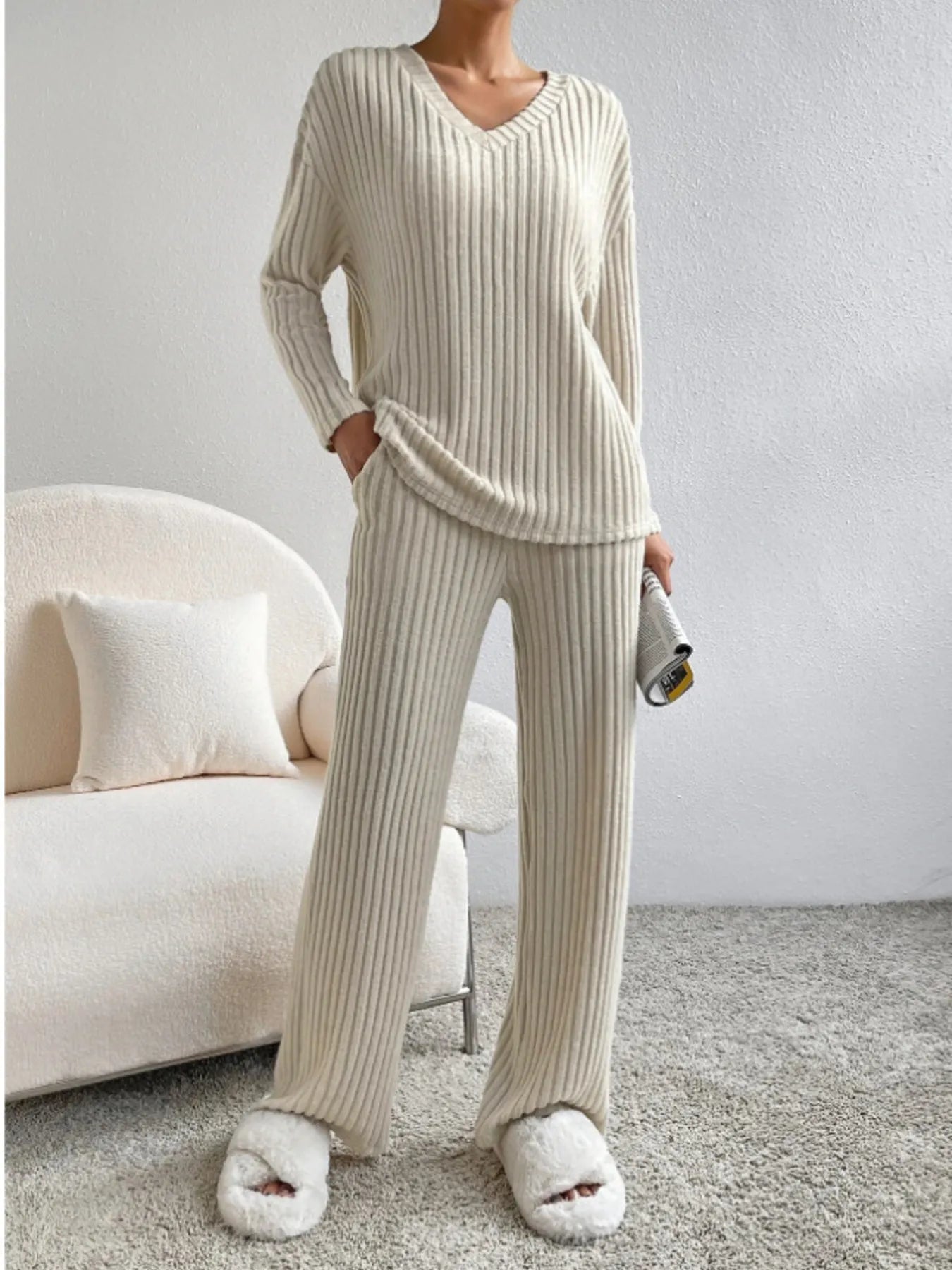 John Leon, Ribbed Knit V-Neck Top and Pants Lounge Set