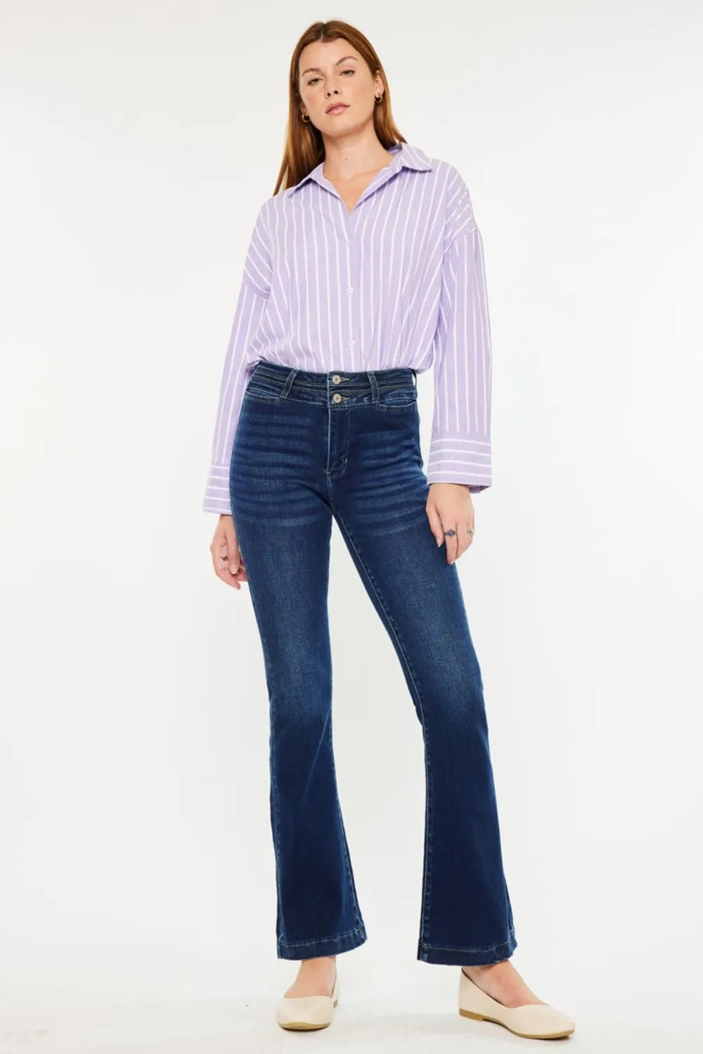 John Leon, High Rise Double Waistband Flare Jeans
