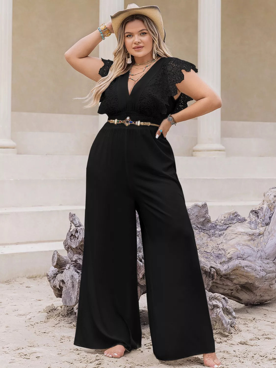 John Leon, Plus Size Lace Cap Sleeve Wide Leg Jumpsuit