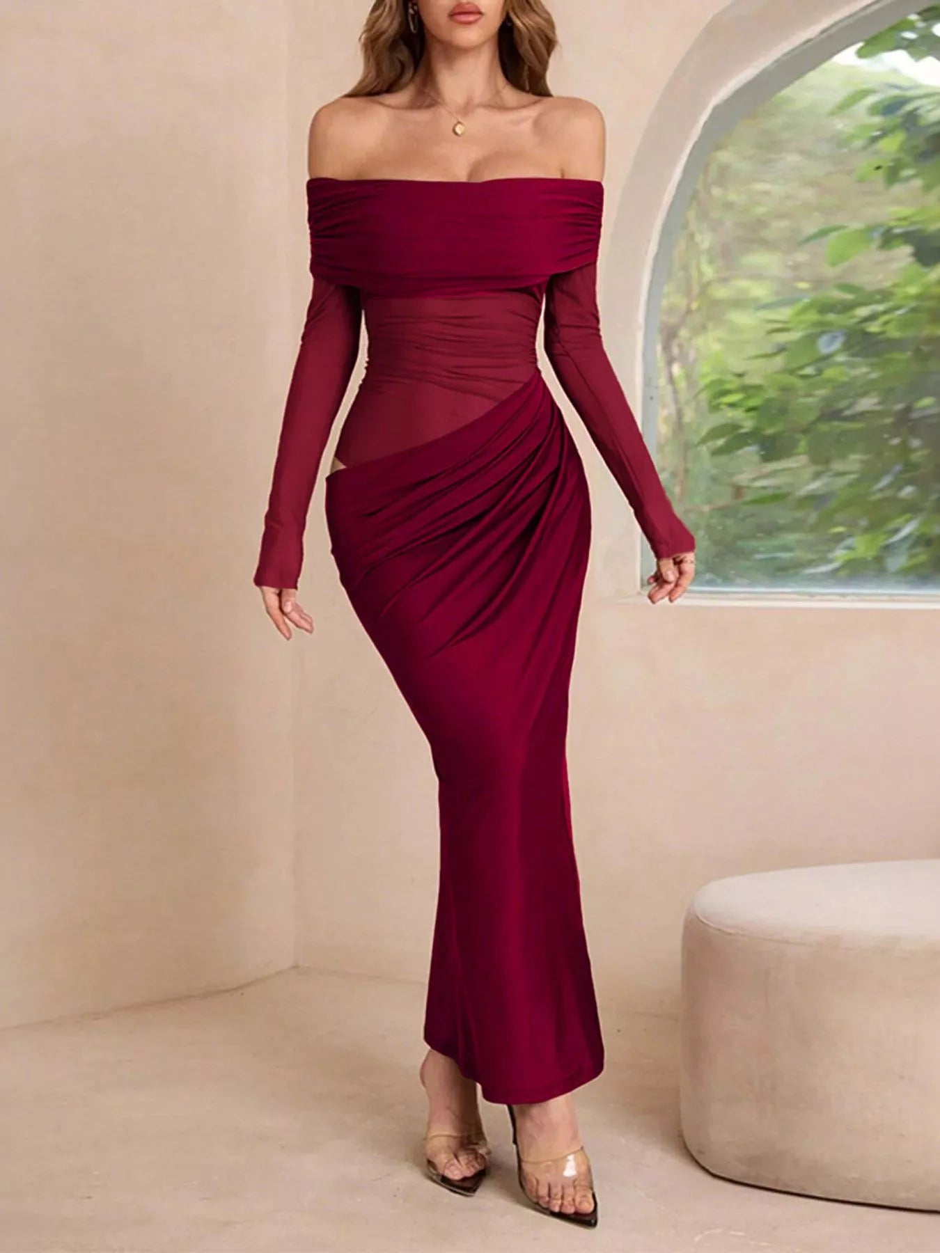 John Leon, Off-Shoulder Ruched Bodycon Maxi Dress