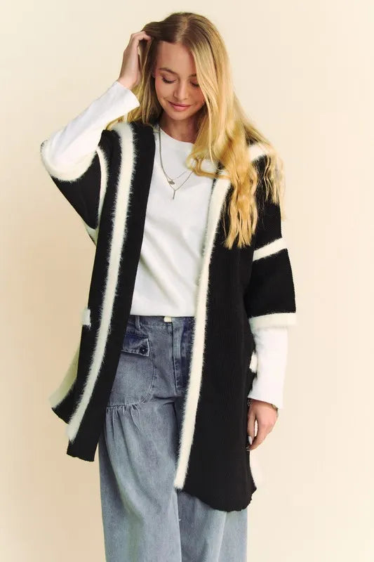 John Leon, Fuzzy Trim Open Front Loose Fit Cardigan