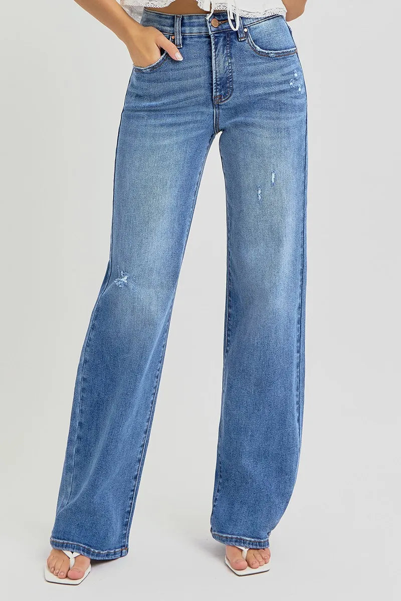 John Leon, Tummy Control Elastic Band High Rise Wide Jeans