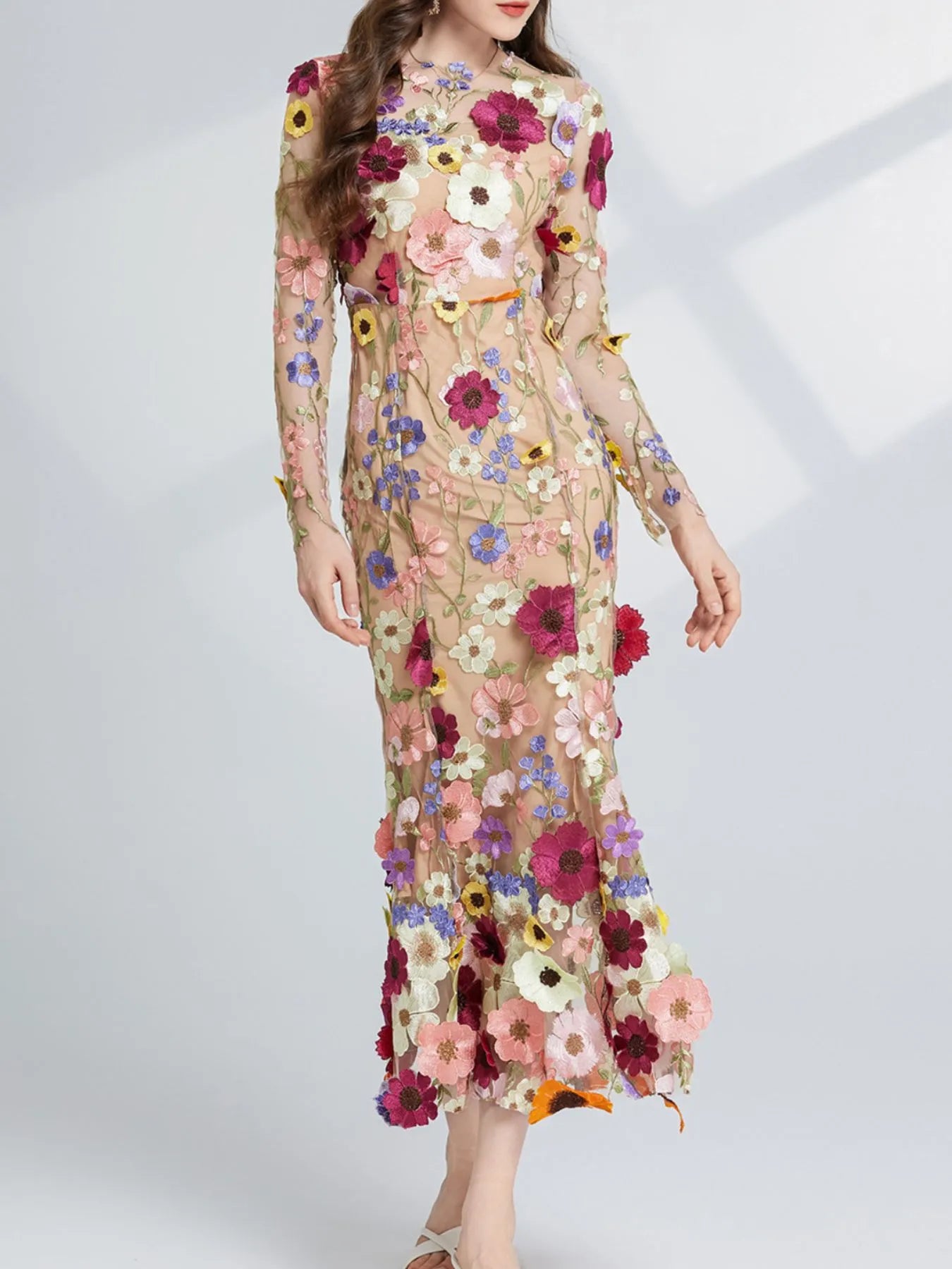 John Leon, Floral Mesh Long Sleeve Midi Dress