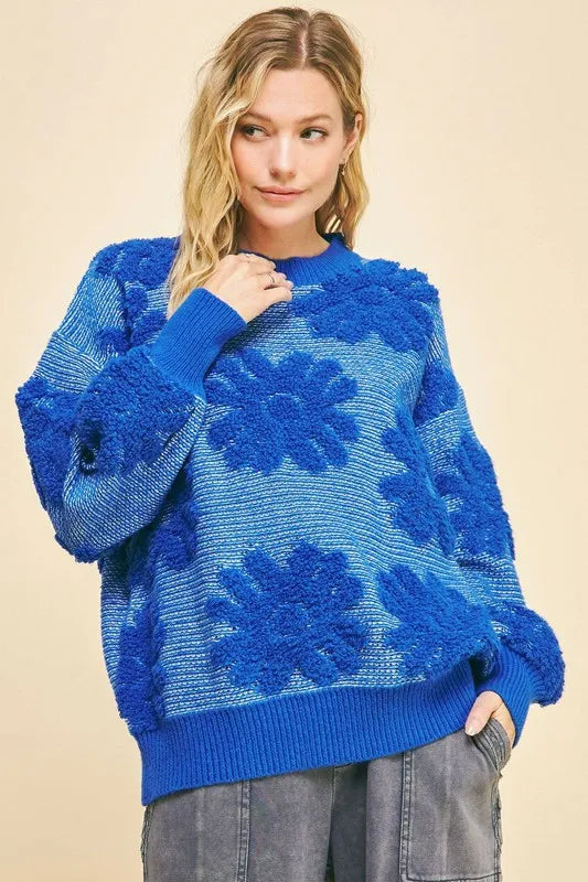 John Leon, Flower Texture Round Neck Dropped Shoulder Sweater